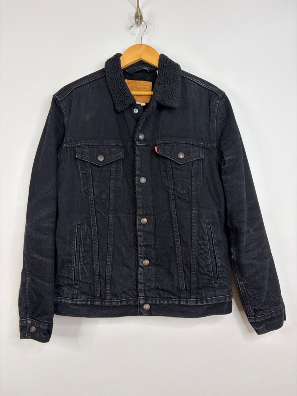 Levi's Sherpa Trucker Jacket Mens Medium Black Denim Fleece Lined Workwear